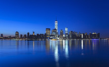 Manhattan Financial District Skyline And One World Trade Centre At Night, New York, USA