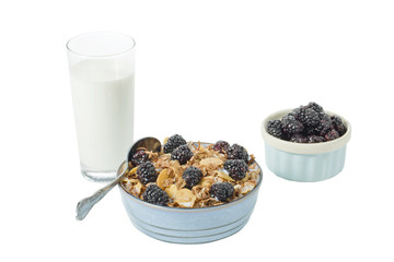 Wall Mural - breakfast of cereal and blackberry fruits with glass of milk