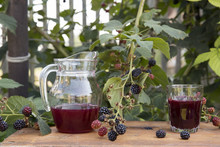 Pitcher Of Fresh Fruit Juice And Glass Of Fresh Juice, On Table In Garden, Next To Blackberry Bush