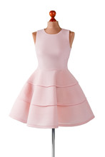Short Salmon Dress With Folds. Female Mannequin In Salmon Dress. Girl's Custom Made Prom Dress. Last Summer Dress In Stock.