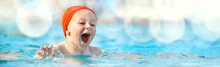 Happy Child With Swimming Pool Cap Have Fun In A Pool