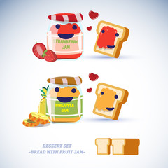 bread with fruit jam character. pineapple and strawberry - vecto