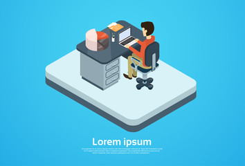 Poster - Business Man Work Computer Laptop Workspace Copy Space 3d Isometric