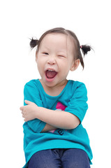 Wall Mural - Happy little Asian girl over white background