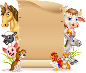 Cartoon funny farm animals with blank sign
