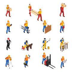 Poster - Builders Construction Workers Isometric Icons Collection 