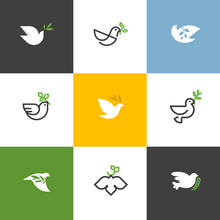 Peace Dove With Green Branch. Flat Line Design Style Vector Illustrations Set Of Icons And Logos