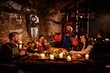 © Nejron Photo - Medieval people eat and drink in ancient castle kitchen interior.