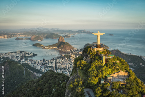 Aerial view of Christ and Botafogo Bay from high angle. Canvas Print