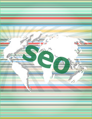 Poster - The word seo on digital screen, it concept vector quotation marks with thin line speech bubble. concept of citation, info, testimonials, notice, textbox