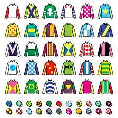 Jockey uniform - jackets, silks and hats, horse riding icons set 
 