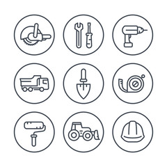 Wall Mural - construction line icons in circles, construction tools and equipment linear signs, pictograms, vector illustration