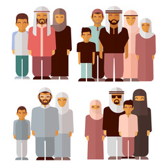 Canvas Print - Arabic family in traditional muslim clothes. Muslim family, muslim traditional people, muslim culture. Vector illustration