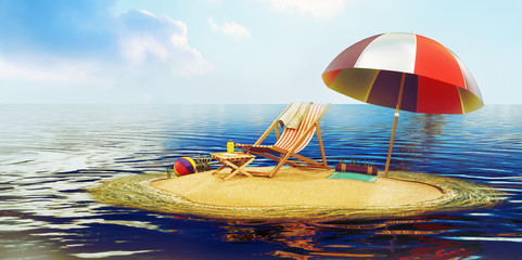 3D Illustration of island with a sun lounger and parasol in the middle of the sea 3D render