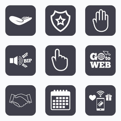 Poster - Hand icons. Handshake and click here symbols.