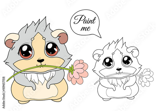 Cartoon Guinea Pig Vector Illustration For Coloring Book Pages Cavy With A Flower Colored And Black Contour On White Background Stock Vector Adobe Stock