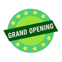 Grand Opening White Wording On Green Rectangle And Circle Green Stars