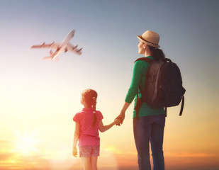 happy family at sunset.