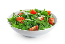 Bowl With Fresh Green Salad Arugula And Tomatoes Isolated On Whi