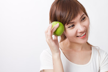 healthy asian woman with green apple