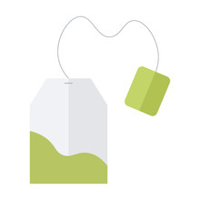 Green, Herbal Tea Bag Vector Icon Isolated On White Background. Flat Design Illustration.