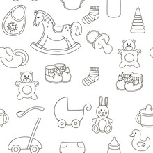 Seamless Hand Drawn Doodle Pattern With Toys. Vector  Illustration For Backgrounds, Web Design, Design Elements, Textile Prints, Covers, Greeting Cards