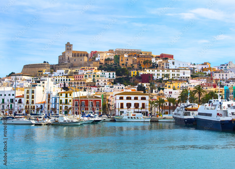 Colorful Ibiza Old Town Buildings and Port - obrazy, fototapety, plakaty 