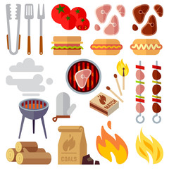 Canvas Print - summer picnic, barbecue and grilled food steak vector icons. grill barbecue, summer barbecue picnic,