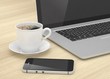 © Natalia Merzlyakova - Laptop smartphone and coffee cup on wood table. 3d rendering.