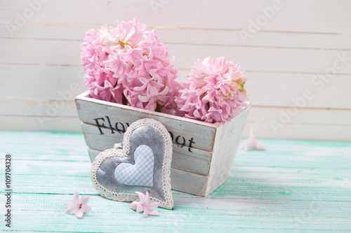 Fotovorhang - Pink hyacinths flowers in wooden box and decorative heart (von daffodilred)