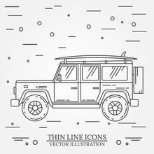 Travel Car Family Camper With Surf Board Thin Line. Traveler Truck Car Outline Icon. Travel Car Grey And White Vector Pictogram Isolated On White. Summer  Family Travel Concept. Vector Illustration.