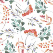 Seamless pattern with the pink and green branches and berries, hand drawn in a watercolor on a white background, background for your card and work, hand drawn in a pastel