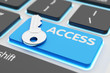 Safety data access, computer network security, user account passkey, accessibility and authorization concept, metallic key on blue keyboard button closeup view