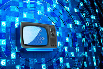 Poster - Internet television, telecommunication, broadcasting media and computer technology concept, blue retro tv set receiver on blue digital code background