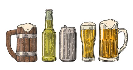 Wall Mural - Beer glass, mug, can, bottle, hop. Vector vintage engraved color illustration isolated on white background.