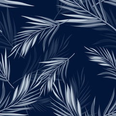 tropical seamless monochrome blue indigo camouflage background with leaves and flowers