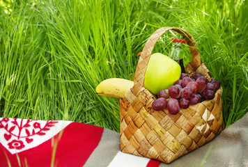 Picnic Basket with fruits and drinks on the meadow on a backgrou