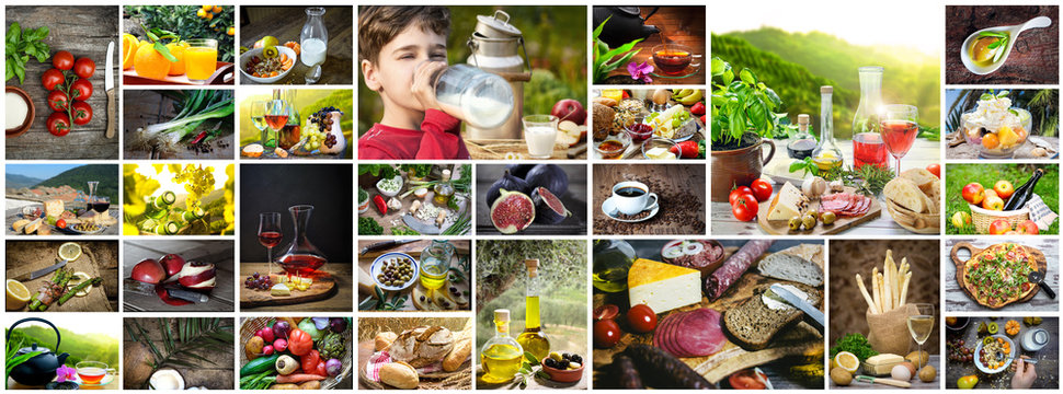 Fototapete - Lebensmittel: Collage aus Essen und Getränken