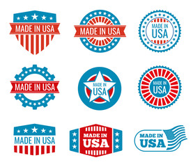 Poster - red and blue made in the usa emblems set. guarantee made in usa, shield made in usa, national label 