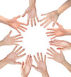 © wolfelarry - Group of people hands together, looking up view, isolated on whi