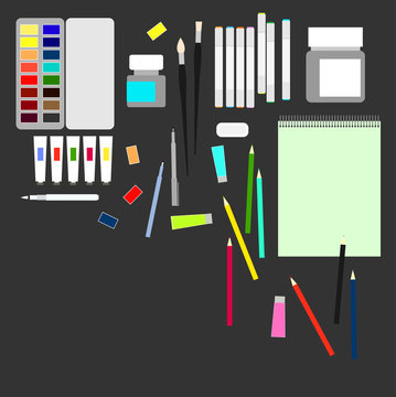 Background with watercolor paints, pencils, sketchbook, brushes , markers.  Vector illustration.