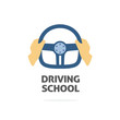 Driving school logo vector template, hands holding sport steering wheel icon, flat trendy cartoon symbol design isolated on white background sign