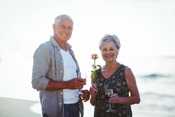 Wall Mural - Senior couple holding rose and red wine glasses