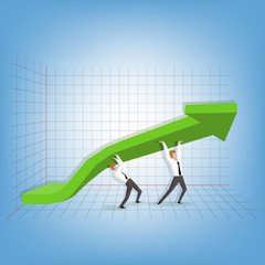 couple businessman lifting up green graph, business team work co