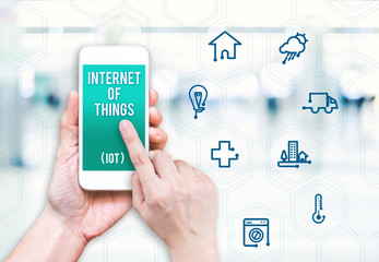 Poster - Hand holding mobile phone with Internet of things (IoT) with fea