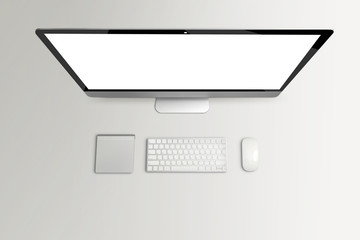 Poster - Top view of computer and keyboard, mouse with blank screen on gr