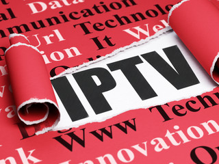 Web development concept: black text IPTV under the piece of  torn paper