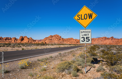 Fotomural Traffic Sign Slow, Valley of Fire State Park, Southern Nevada, USA