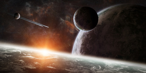 Wall Mural - sunrise over group of planets in space