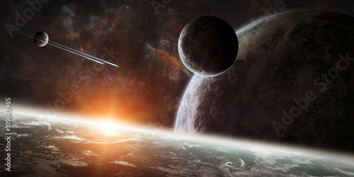 Fotografía Salida del sol sobre el grupo de planetas en el espacio